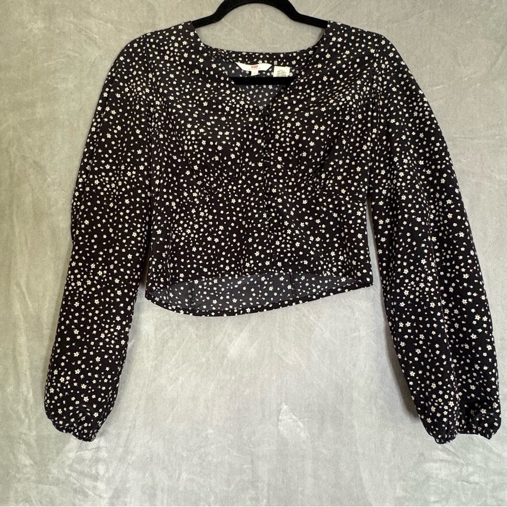 Black Floral Long Sleeve Crop Top Blouse